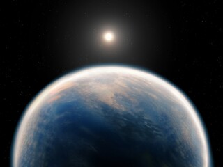 Exoplanet with atmosphere, Super-Earth similar to Earth. Surface of alien planet in starlight. Possibility of life in extrasolar system.