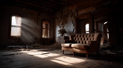 Eerie haunted architecture cursed building in forest ghost house with creepy horror vibes