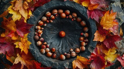 Autumnal nuts arranged in a circular pattern within a dark stone bowl, surrounded by vibrant autumn leaves