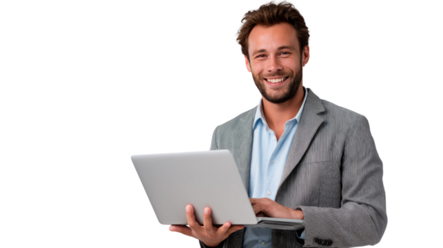 Focused Professional: A dynamic businessman in business attire, engrossed in his work on a sleek laptop, radiating positivity and confidence in a professional setting.