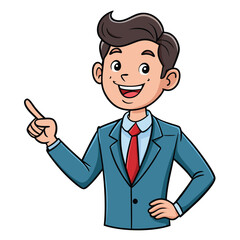 Business man pointing finger at something. Happy face. Hand drawn style vector design illustrations. 