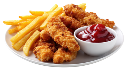 Golden Fried Chicken and Fries Delight: A mouthwatering plate of crispy, golden-fried chicken strips and French fries, served alongside a vibrant bowl of rich, red tomato ketchup.
