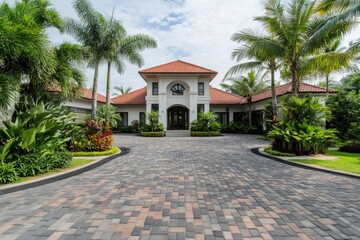 Obraz premium Luxurious tropical home with a paved driveway, lush landscaping, and palm trees