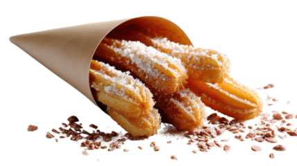 Churros with Chocolate Sprinkles:  A delightful assortment of golden churros dusted with powdered sugar, nestled in a brown paper cone, with a sprinkle of chocolate for extra indulgence.