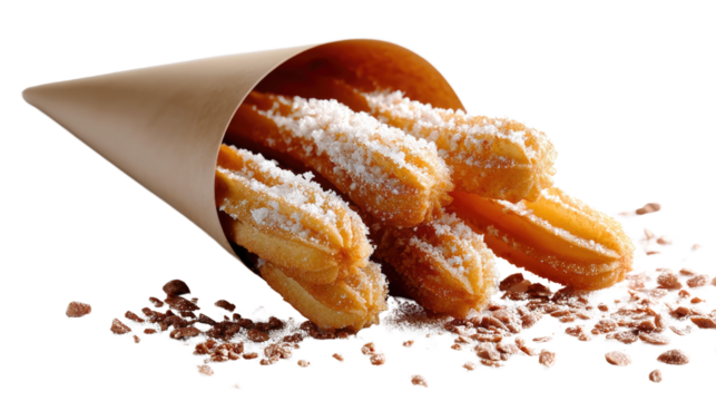 Churros with Chocolate Sprinkles:  A delightful assortment of golden churros dusted with powdered sugar, nestled in a brown paper cone, with a sprinkle of chocolate for extra indulgence.