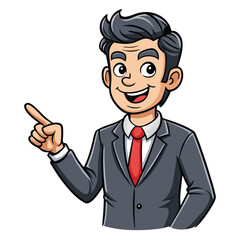 Business man pointing finger at something. Happy face. Hand drawn style vector design illustrations. 