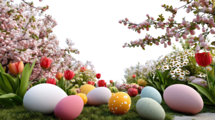 Easter Egg Paradise: A vibrant Easter scene with an array of colorful eggs nestled amidst lush greenery and blooming flowers. Capturing the spirit of spring and the joy of the holiday.