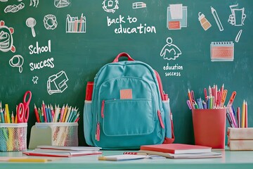 Backpack and School Supplies on Desk Against Chalkboard