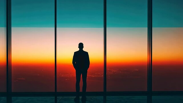 Silhouette watching cityscape sunset through highrise window