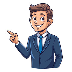 Business man pointing finger at something. Happy face. Hand drawn style vector design illustrations. 