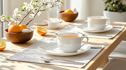Fototapeta premium Outdoor spring brunch table with citrus centerpiece and blossom branches along one edge, fresh linens, rustic pottery, clear sunlight casting soft patterns across the scene
