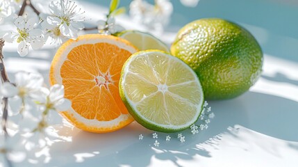 Sliced lime and orange with tiny white blossoms along one border of white ceramic backdrop, soft spring palette, realistic shadows, shallow depth of field