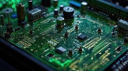 A close up view of a green circuit board with various components and intricate copper tracings visible