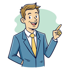 Business man pointing finger at something. Happy face. Hand drawn style vector design illustrations. 