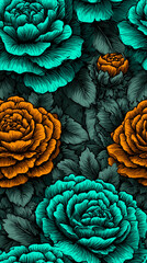Fototapeta premium Bold Floral Pattern with Teal and Orange Blooms