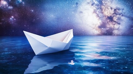 Surreal white paper boat floating on a cosmic ocean under starry night sky with Milky Way and distant planet, evoking imagination, solitude, dreams, and limitless adventure in a fantasy universe