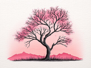 Elegant cherry blossom tree illustration with pink watercolor tones