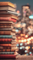 Vintage stack of books with city lights in background