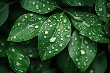Fototapeta premium A Close-up Frame Featuring Fresh Rain-Washed Leaves