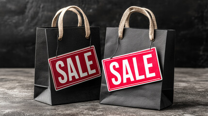 Black shopping bags with red sale tags on dark background