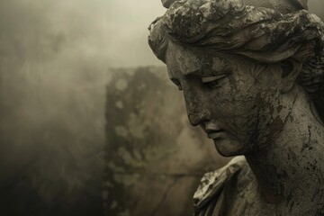 Weathered Statue in Misty Cemetery Setting Reflects Melancholic Beauty