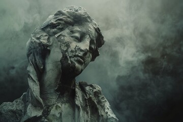 Emotional Marble Sculpture Surrounded by Mysterious Fog and Smoke