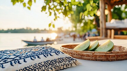Melon wedges placed beside an embroidered cloth and handmade wicker tray, soft bokeh of green foliage and warm light cast across rustic elements