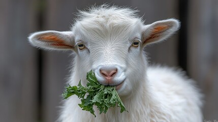 Obraz premium Close-up of a fluffy white goat munching on fresh greens. The goat's expression is curious and friendly, with a mouthful of vibrant green leaves