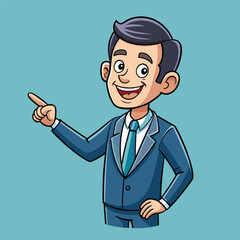 Business man pointing finger at something. Happy face. Hand drawn style vector design illustrations. 
