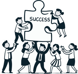 Vector cartoon stick figure drawing of a group of stick figures working together to build a large puzzle piece labeled 'Success'. One figure is lifting, another is guiding, and one is cheering.