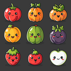 Cute cartoon vegetables. Vector illustration on black background