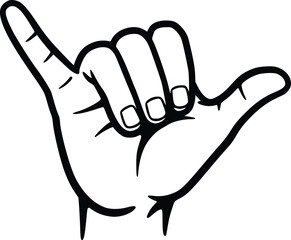 Silhouette illustration of a hand making the shaka gesture, with the thumb and pinky finger extended outward, symbolizing aloha, friendliness, and positive connection