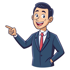 Business man pointing finger at something. Happy face. Hand drawn style vector design illustrations. 