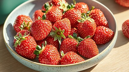 Ripe strawberries with tiny water droplets on kitchen counter, pale wood grain pattern visible, minimalist interior in soft morning tones