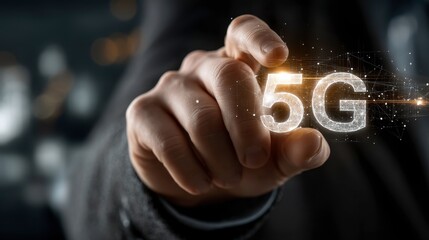 5G technology concept. Video Conferencing and Wireless Communication. businessman hand showing 5G ICON