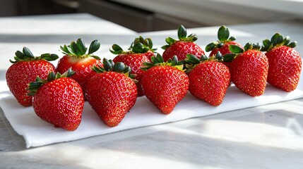 Single row of strawberries arranged on a white linen runner, sleek minimalist counter beneath, morning light falling in angled beams