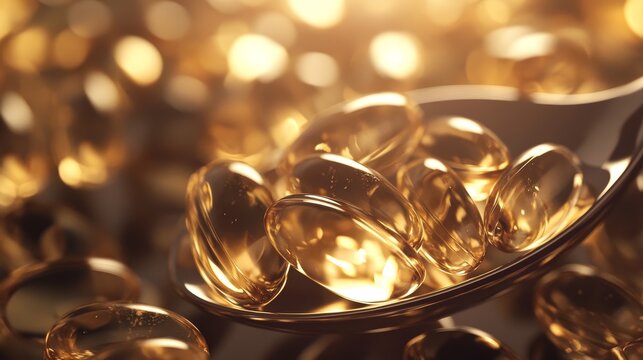 Golden softgel capsules on a silver spoon with dramatic lighting and dark textured background, ideal for supplement concepts, health nutrition, omega-3, vitamins, and pharmaceutical product design