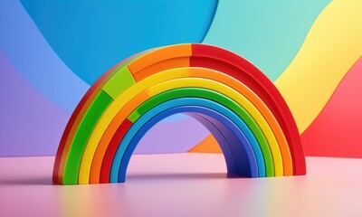 Vibrant wooden rainbow overlapping colorful background for creative play and learning