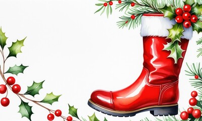 Festive red boot with holly and berries in christmas arrangement