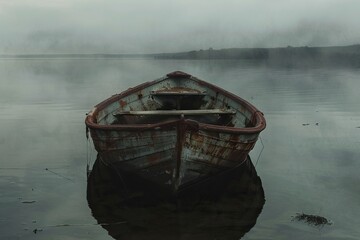 Abandoned Rusty Boat on Serene Foggy Lake in Dull Gray Atmosphere