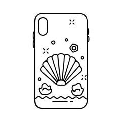 shell phone case beach themed icon, shell phone case beach themed line art - simple line art of shell phone case beach themed, perfect for shell phone case beach themed logos and icons
