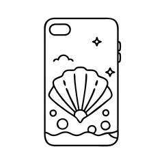 shell phone case beach themed icon, shell phone case beach themed line art - simple line art of shell phone case beach themed, perfect for shell phone case beach themed logos and icons