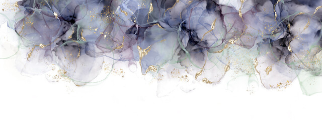 Hand drawn abstract border created with alcohol ink technique, ethereal floral motif adorned with gold, png file