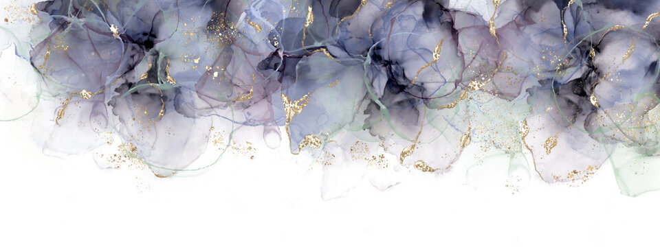 Hand drawn abstract border created with alcohol ink technique, ethereal floral motif adorned with gold, png file