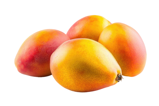 Fresh mangoes clustered together  Four ripe mangoes, vibrant orange-yellow and pinkish-red, are in close proximity  A tempting image of tropical fruit