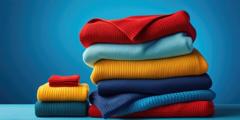 Vibrant stack of colorful knitted sweaters against bright blue background