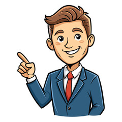 Business man pointing finger at something. Happy face. Hand drawn style vector design illustrations. 