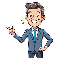 Business man pointing finger at something. Happy face. Hand drawn style vector design illustrations. 