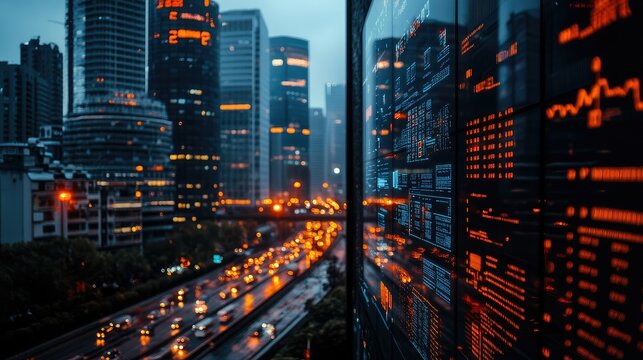 Cityscape, financial data display