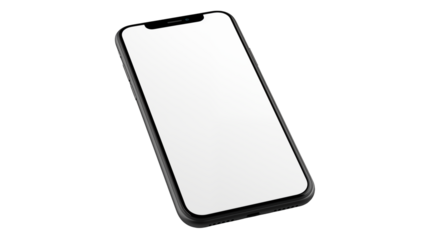 A smartphone with a blank white screen lying diagonally on a black background in a studio shot